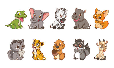 cute ten animals babies cartoon characters © Gstudio