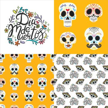 Set of seamless patterns with skulls, flowers and candles for Dia de los mueros (Day of the dead) and Halloween. Vector