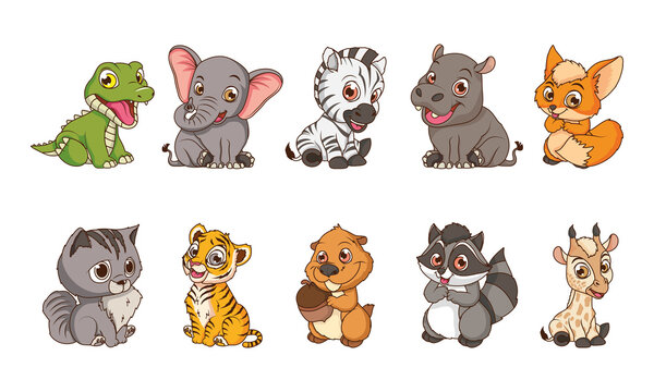 cute ten animals babies cartoon characters