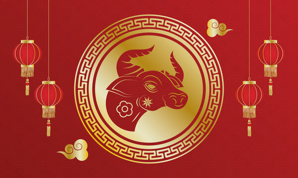 chinesse New Year ox head in golden seal and lamps