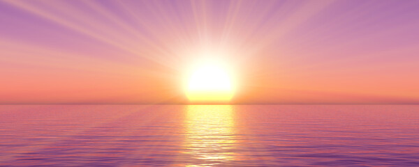 sunset sea sun ray clear sky. 3d rendering