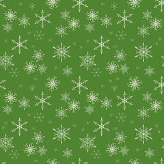 Vector snowflake background. Elegant green Christmas and New Year seamless pattern with white and gold snow, sparkles, snowflakes. Winter holidays theme. Design for decoration, website, print, textile