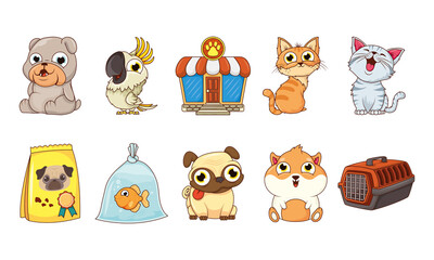 group of animals pets characters and food bag with store facade