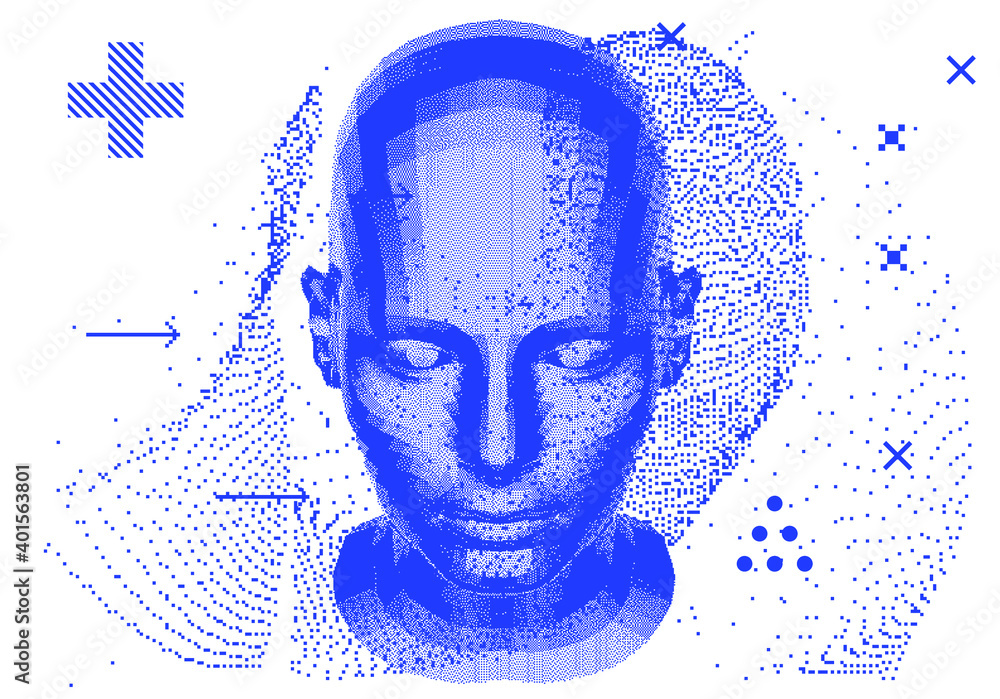 Poster Low poly android head made of pixels and particles. Artificial Intelligence, Neural network and futuristic technology concept.  