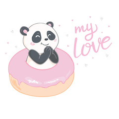 Panda on donuts on white background. Vector illustration.