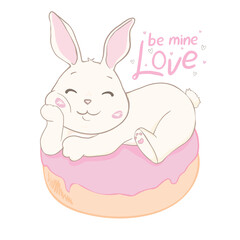 Funny little bunny baby. Donut and rabbit. Enjoy summer. Flat animal Illustration for kids game, book, t-shirt, card. Isolated vector