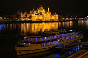 Hungary, night city Budapest, parliament on the background of the night city