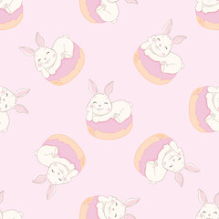 Seamless pattern with cartoon cute rabbit, sweet donut . Funny postcard. Hand-drawn vector illustration.