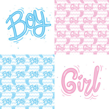 A set of ready-made designs for newborns. This is a boy. It's a girl. Vector illustration. Set of postcards and backgrounds.