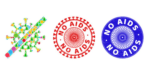 Cancel coronavirus mosaic of New Year symbols, such as stars, fir-trees, bright balls, and NO AIDS textured stamp seals. Vector NO AIDS seals uses guilloche ornament, designed in red and blue colors.