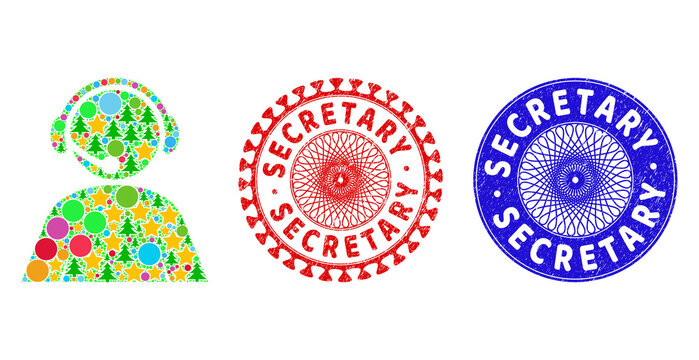 Call center operator mosaic of New Year symbols, such as stars, fir trees, bright round items, and SECRETARY textured stamp imitations. Vector SECRETARY stamp seals uses guilloche pattern,