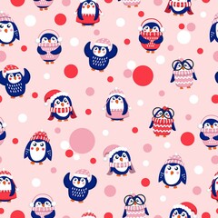 Seamless pattern with blue baby penguins