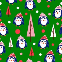 Seamless pattern with blue baby penguins
