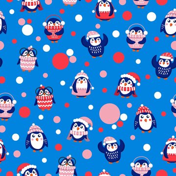 Seamless pattern with blue baby penguins