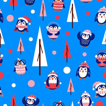 Seamless pattern with blue baby penguins