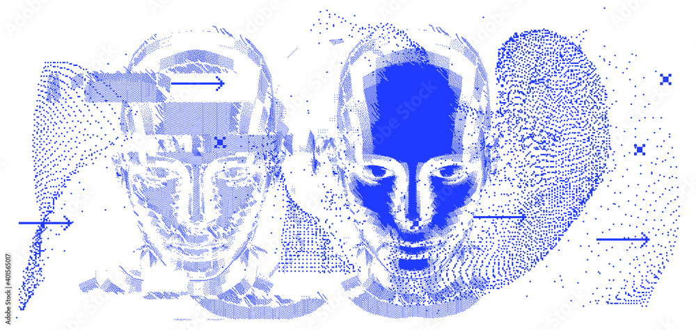 Aufkleber Low poly android head made of pixels and particles. Artificial Intelligence, Neural network and futuristic technology concept.  