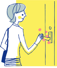 ウイルスが付いたドアノブを触る女性