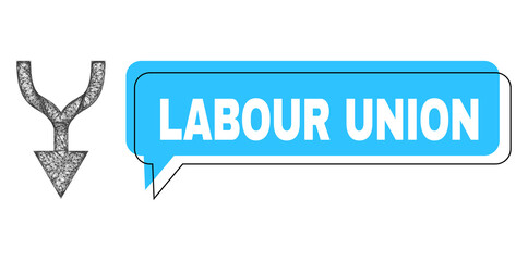 Speech Labour Union blue cloud message and net mesh combine arrow down. Frame and colored area are shifted for Labour Union caption, which is located inside blue colored banner.