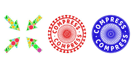 Compress arrows composition of New Year symbols, such as stars, fir trees, colored circles, and COMPRESS rough stamp prints. Vector COMPRESS stamp seals uses guilloche ornament,