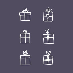 Hand drawn gifts collection. Present box with ribbons. Doodle illustrations. Christmas gift symbols.