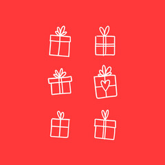 Hand drawn gifts collection. Present box with ribbons. Doodle illustrations. Christmas gift symbols.