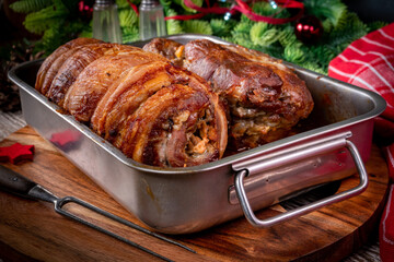 Baked bacon roulade and roasted pork neck.