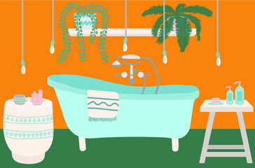 Naklejka premium Vector bathroom interior. Turquoise retro bath with retro mixer tap. Home plants, coffee tables with candles, loft lamps. Vector flat style interior sketch.