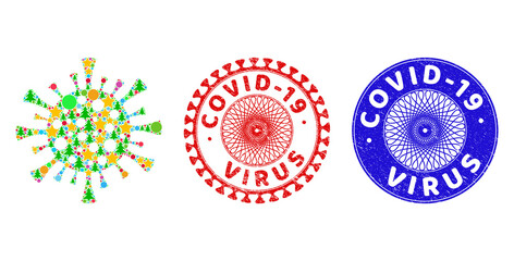 Corona virus composition of Christmas symbols, such as stars, fir trees, colored round items, and COVID-19 VIRUS rough seals. Vector COVID-19 VIRUS seals uses guilloche pattern,