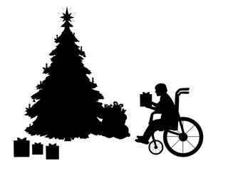 Silhouettes of boy in a wheelchair holding a gift near the christmas tree