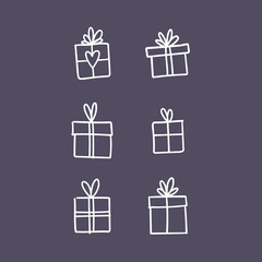 Hand drawn gifts collection. Present box with ribbons. Doodle illustrations. Christmas gift symbols.
