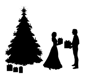 Silhouettes of man and woman giving each other gifts at christmas tree. Christmas holiday