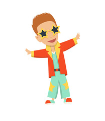  illustration of cartoon disco dancer with star glasses.