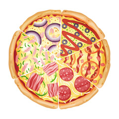 Pizza from different slices top view isolated on white photo-realistic  illustration.