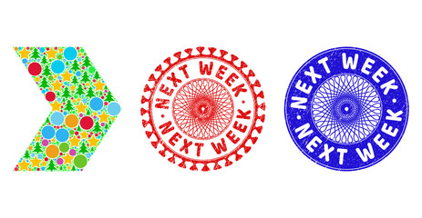 Direction right collage of New Year symbols, such as stars, fir trees, color circles, and NEXT WEEK grunge stamps. Vector NEXT WEEK watermarks uses guilloche ornament,