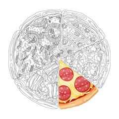 Pizza from different slices top view isolated on white photo-realistic and coloring  illustration.