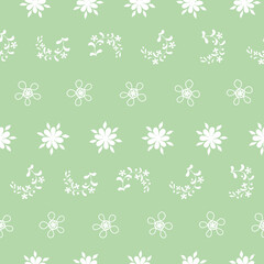 Seamless pattern spring white flowers on green background