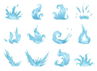 Fototapeta na wymiar Blue waves and water splashes set, wavy symbols of nature in motion Illustrations.
