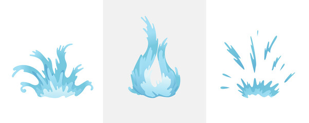 Blue waves and water splashes set, wavy symbols of nature in motion  Illustrations.