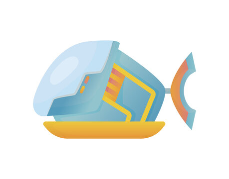Yellow and blue submarine undersea cartoon style bathyscaphe underwater ship, diving exploring at the bottom of sea flat  design.