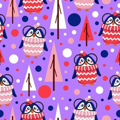 Seamless pattern blue baby penguins in pink, red, white hats and sweaters. Clever child in glasses. Violet background. Fir trees. Merry Christmas. Wallpaper, textile, scrapbooking and wrapping paper