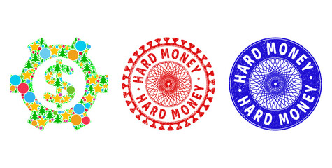 Financial settings mosaic of New Year symbols, such as stars, fir-trees, color balls, and HARD MONEY scratched stamp seals. Vector HARD MONEY stamp seals uses guilloche pattern,