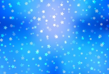 Light BLUE vector pattern with christmas snowflakes, stars.