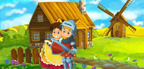 cartoon scene with prince and princess on the farm ranch traveling