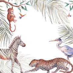 Fototapety  Jungle frame. Illustration with crane, monkey, leopard and zebra. Watercolor animal and tropical flora on white background.