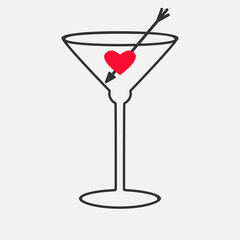 Cocktail glass icon, alcoholic drink, dry Martini with red heart symbol, arrow, outline illustration