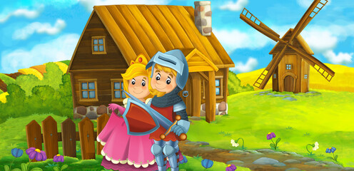 cartoon scene with prince and princess on the farm ranch traveling