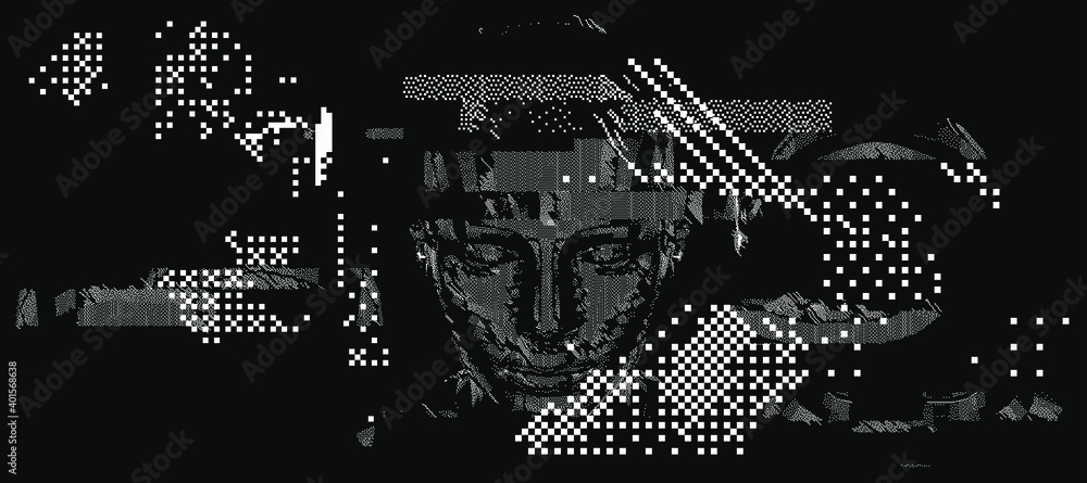 Poster Android head made of pixels and particles. Artificial Intelligence, Neural network and futuristic technology concept.  