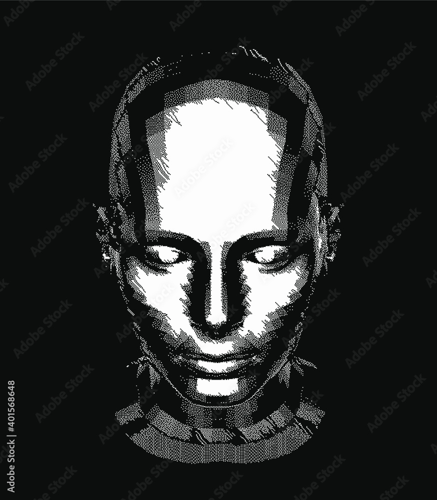 Poster Android head made of pixels and particles. Artificial Intelligence, Neural network and futuristic technology concept.  
