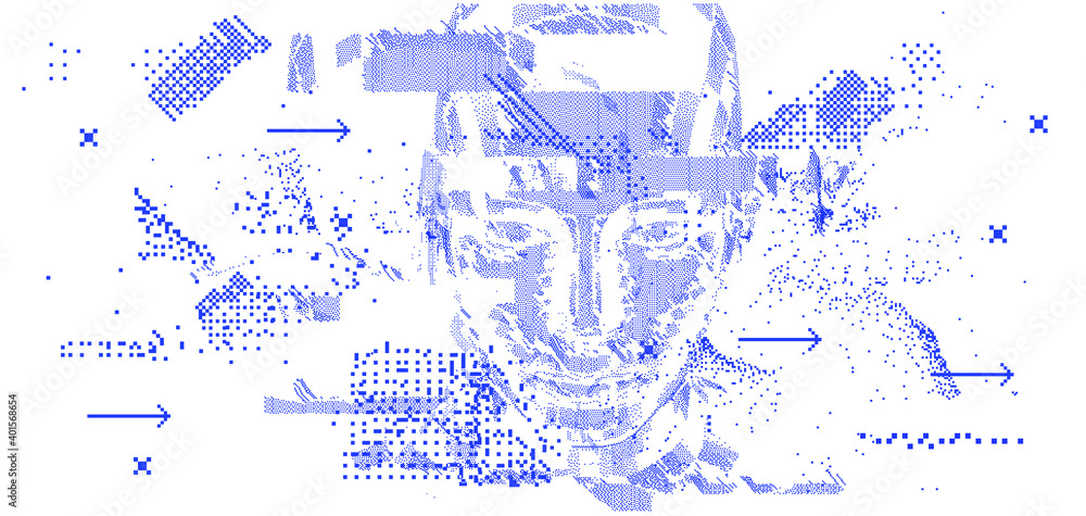 Poster Android head made of pixels and particles. Artificial Intelligence, Neural network and futuristic technology concept.  