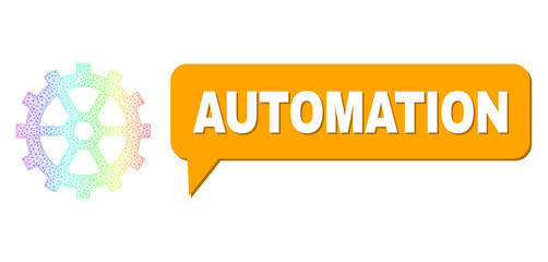 Automation and gear vector. Rainbow colorful net gear, and chat Automation cloud message. Chat colored Automation cloud has shadow. Vector wireframe generated from gear icon with triangular net.